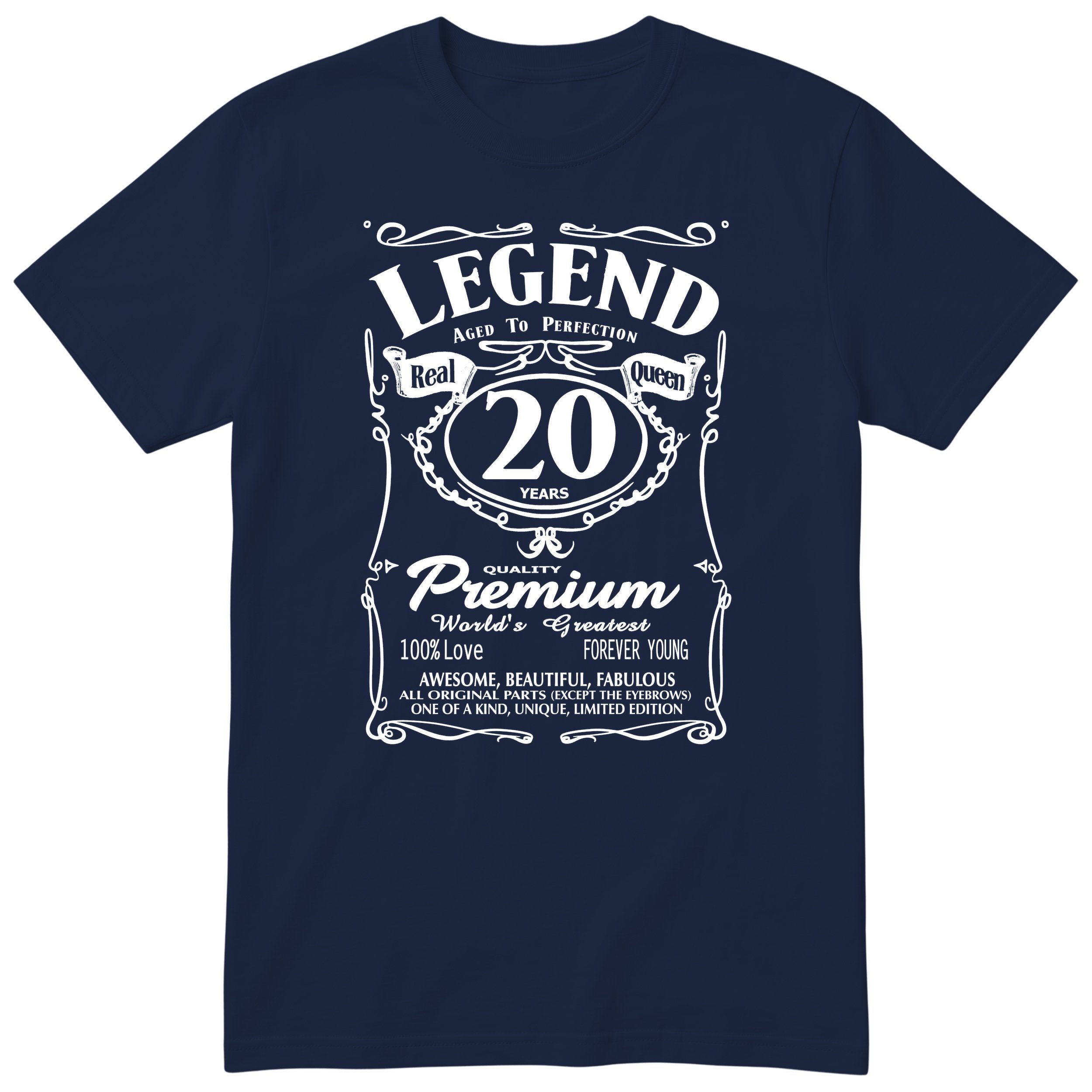 Legend Real Queen 20th birthday t-shirt for women in navy - Gildan 64000 vintage label