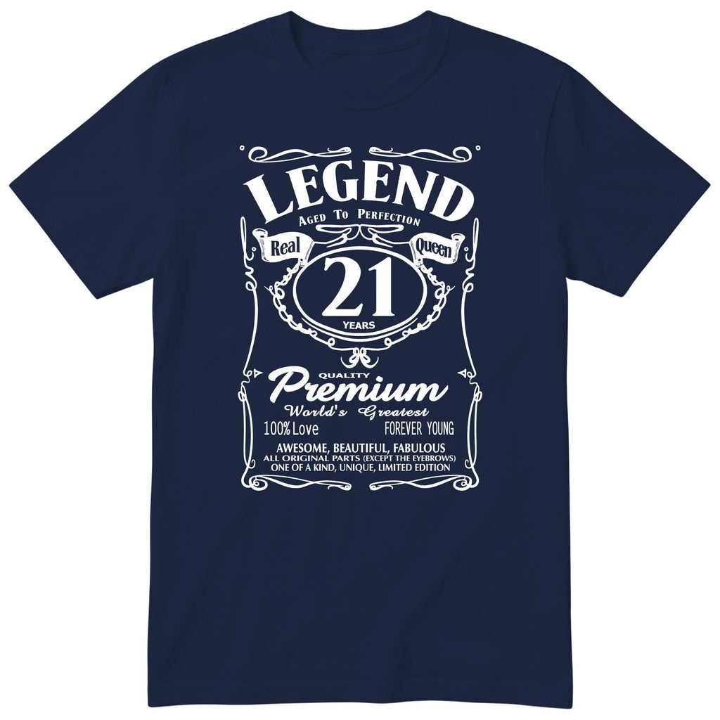 Legend Real Queen 21st birthday t-shirt for women in navy - Gildan 64000 vintage label