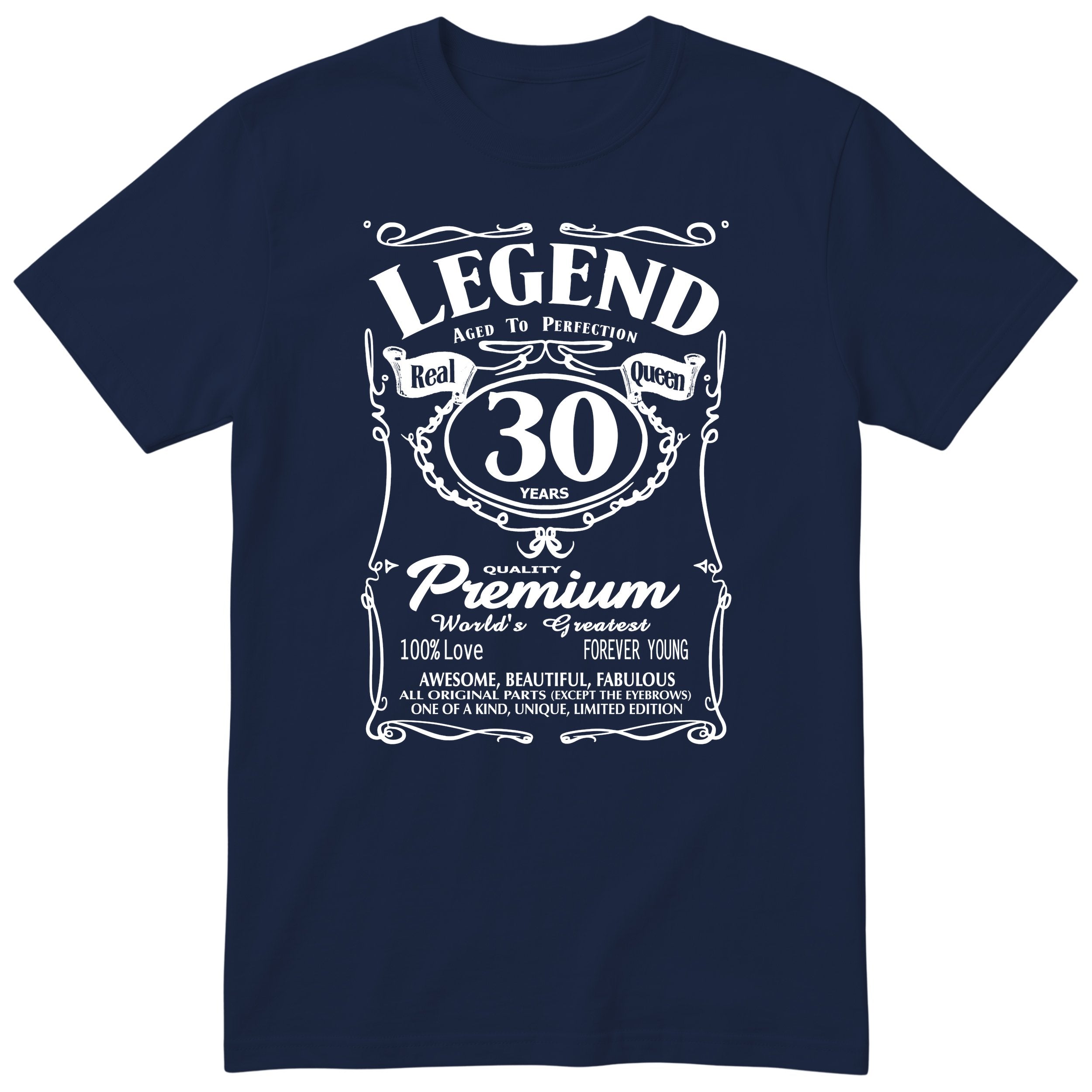 Legend Real Queen 30th birthday t-shirt for women in navy - Gildan 64000 vintage label