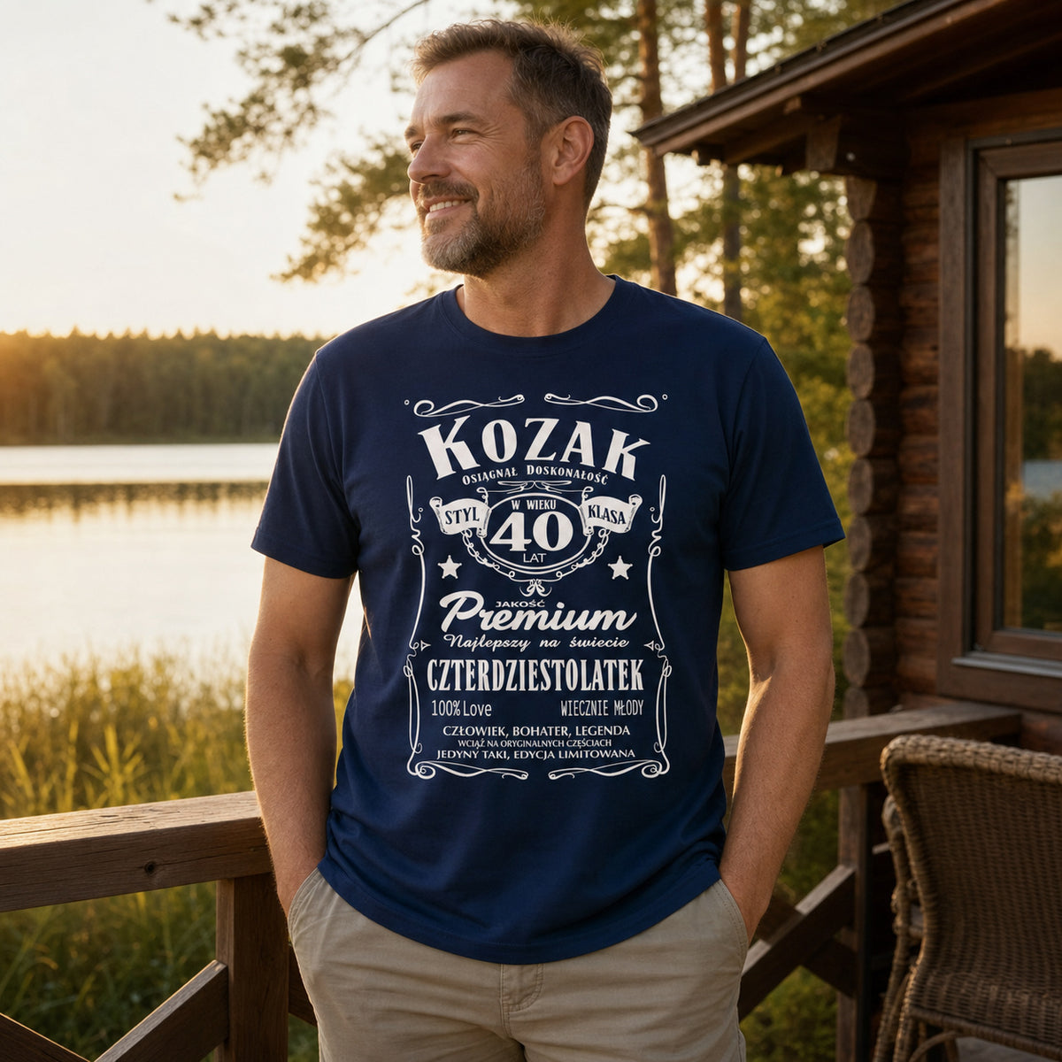 Koszulka Kozak 40 Lat Czterdziestolatek w kolorze granatowym - mężczyzna przy domku nad jeziorem, prezent na 40 urodziny dla niego