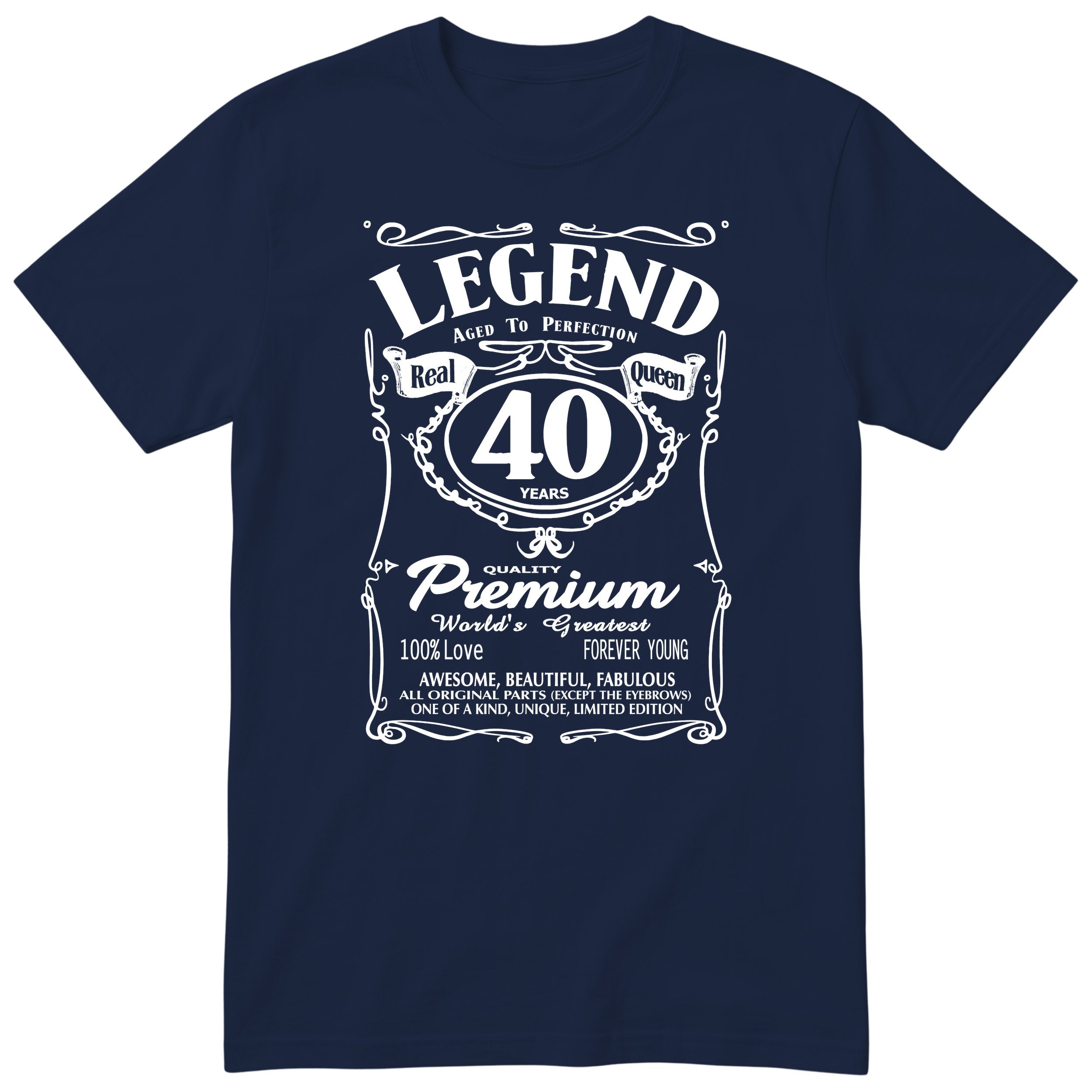 Legend Real Queen 40th birthday t-shirt for women in navy - Gildan 64000 vintage label