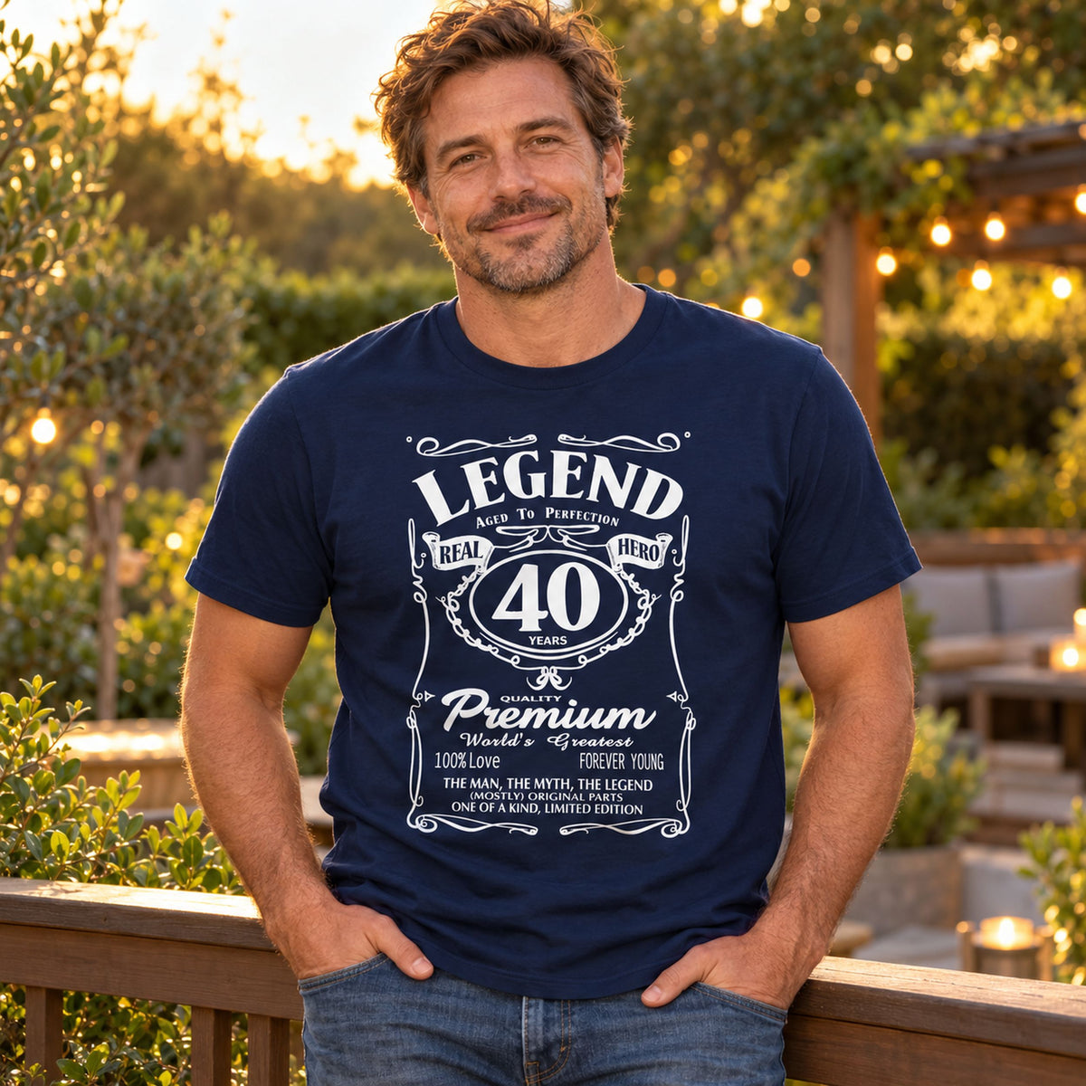 Legend 40 Years Real Hero t-shirt in navy - man on a terrace in the evening, 40th birthday gift for him