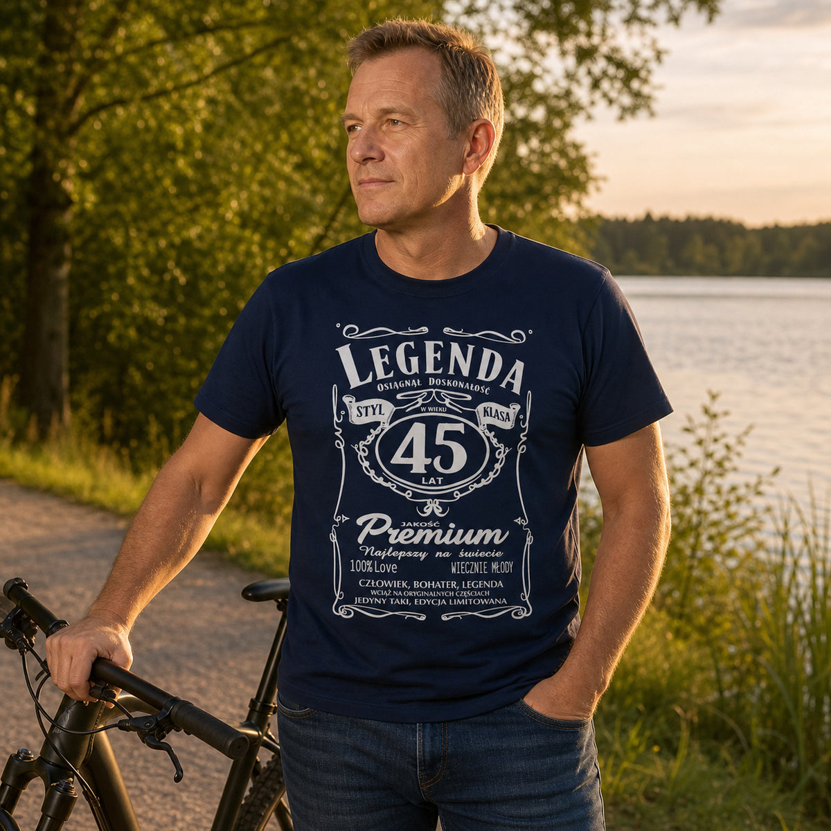Koszulka Legenda 45 Lat Styl Klasa w kolorze granatowym - mężczyzna z rowerem nad jeziorem, prezent na 45 urodziny dla niego