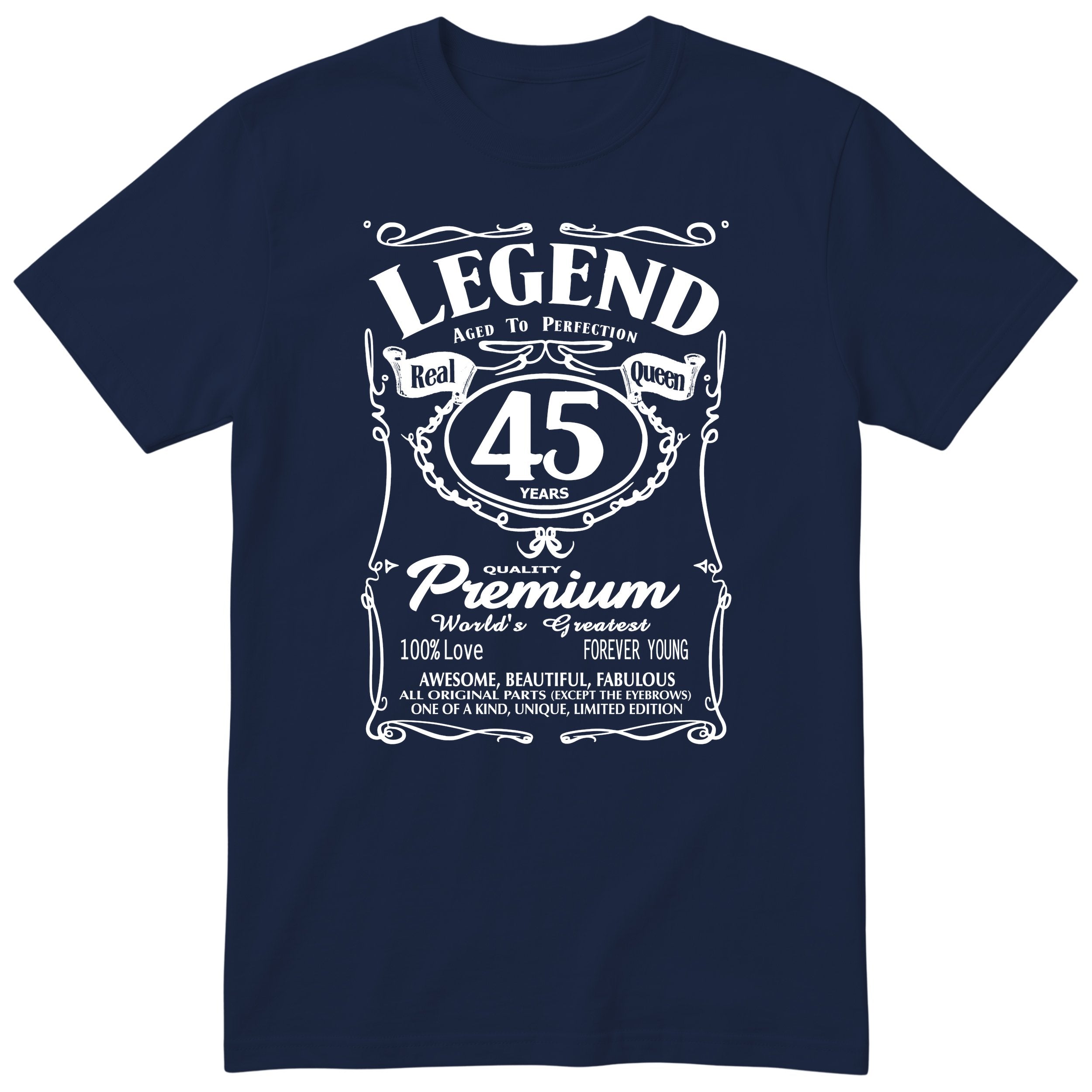 Legend Real Queen 45th birthday t-shirt for women in navy - Gildan 64000 vintage label