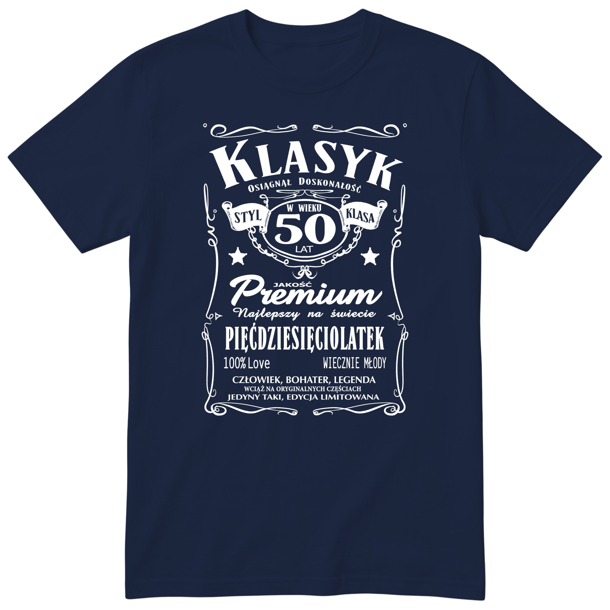 Śmieszna polska koszulka urodzinowa na 50 lat dla mężczyzny - vintage label design Klasyk Człowiek Bohater Legenda
