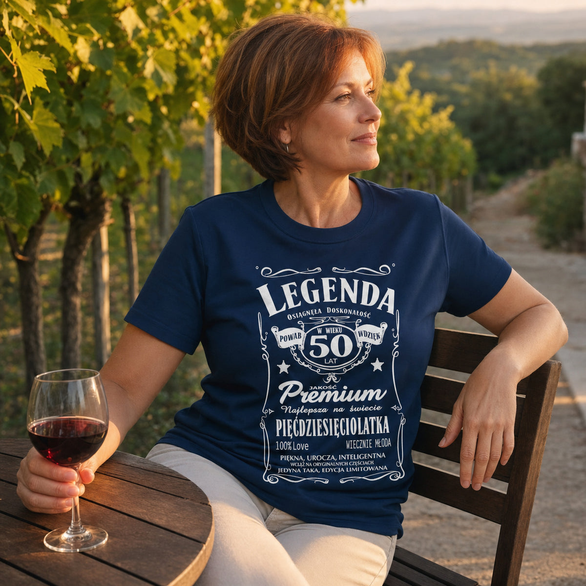 Koszulka Legenda 50 Lat Pięćdziesięciolatka w kolorze granatowym - kobieta z kieliszkiem wina w winnicy, prezent na 50 urodziny dla niej