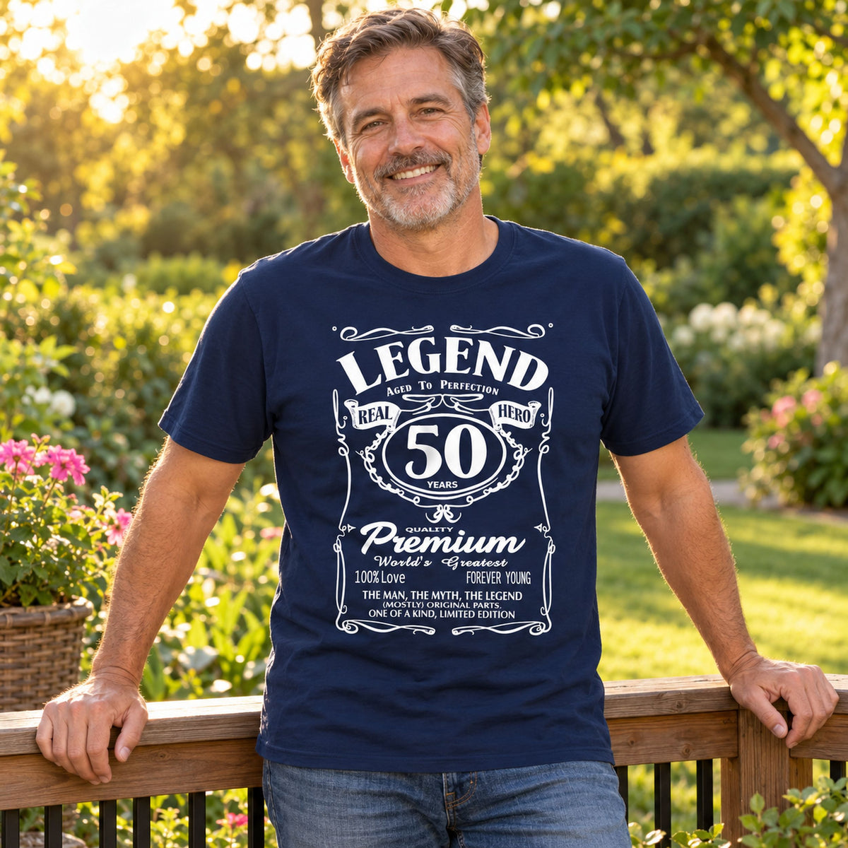 Legend 50 Years Real Hero t-shirt in navy - man on a garden terrace, 50th birthday gift for him
