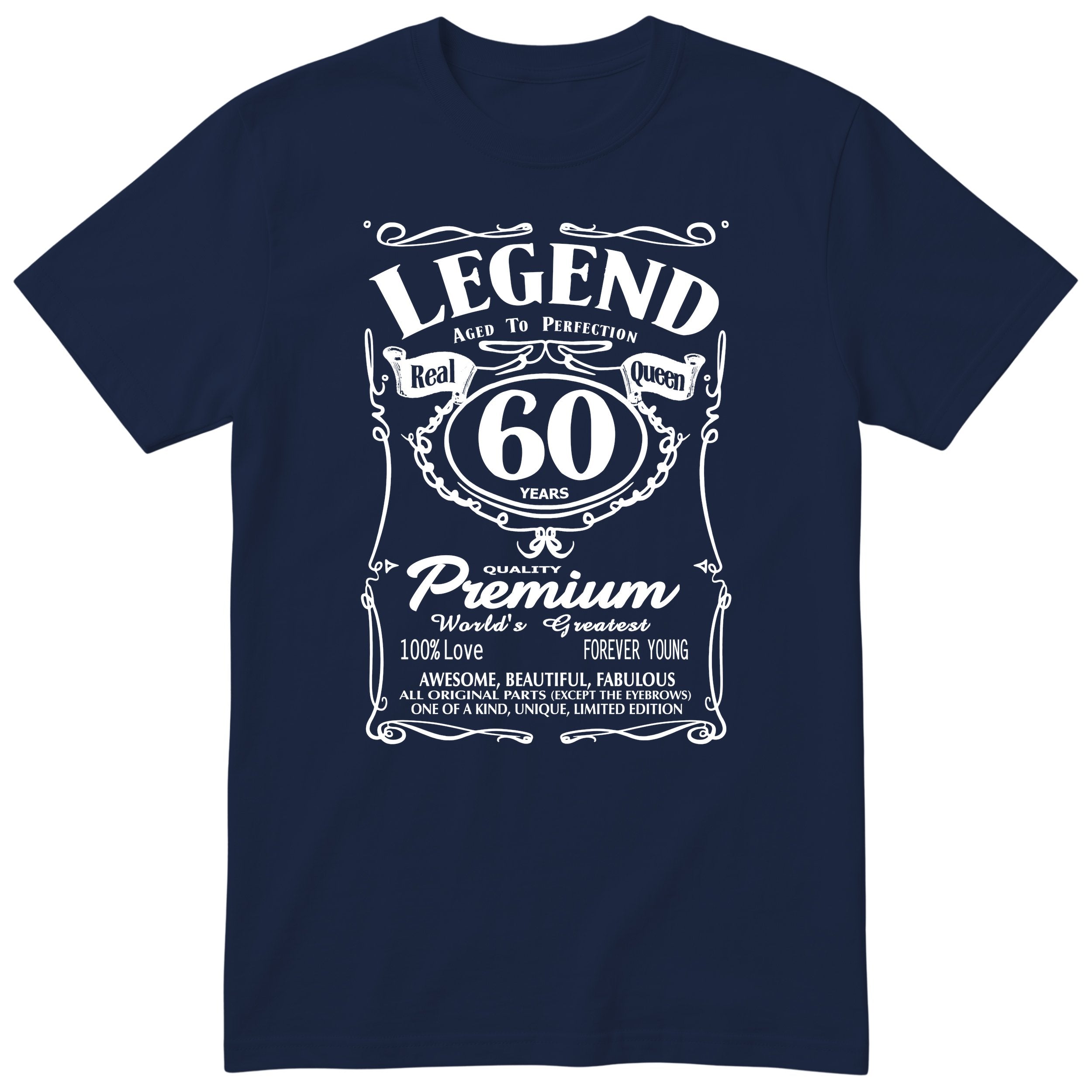 Legend Real Queen 60th birthday t-shirt for women in navy - Gildan 64000 vintage label