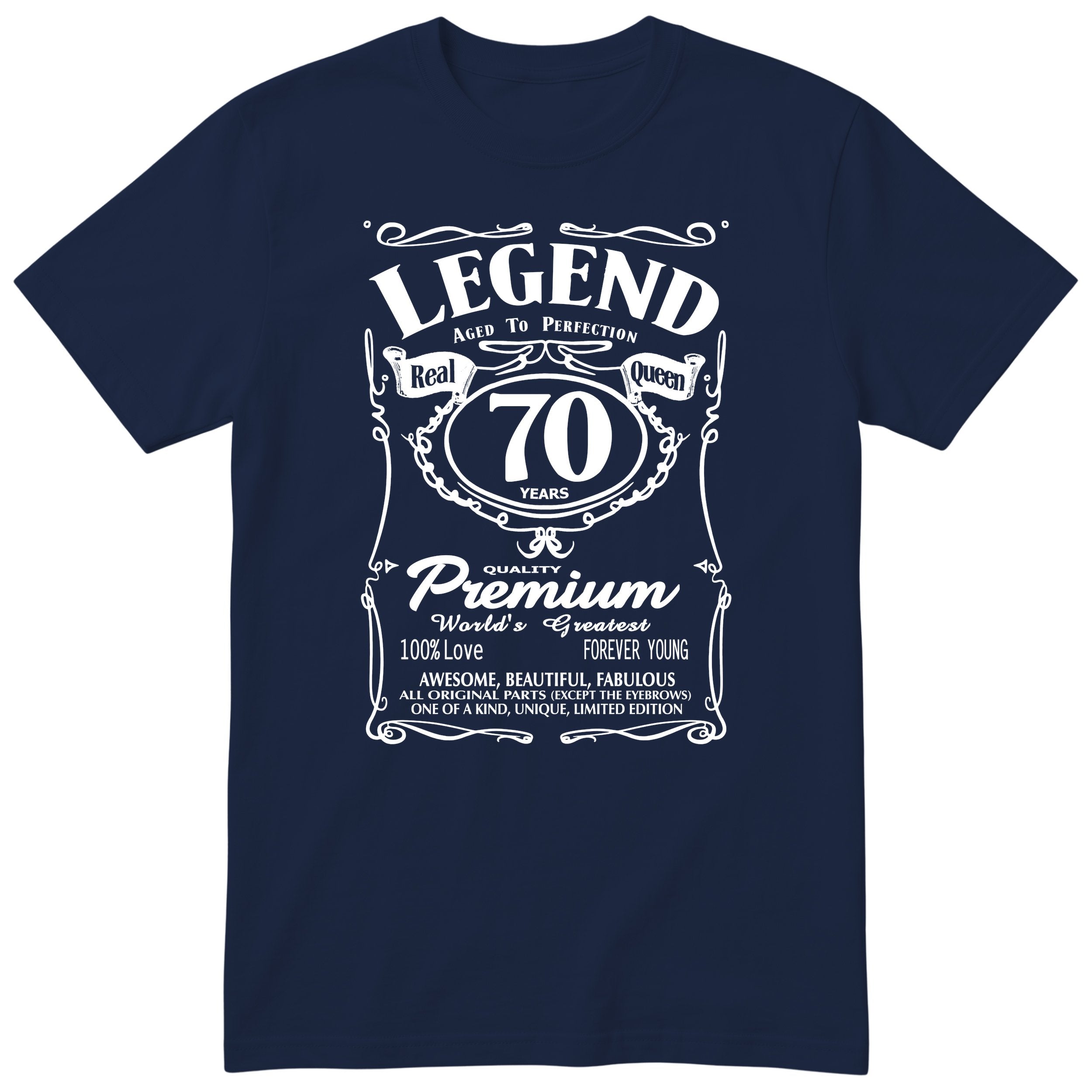 Legend Real Queen 70th birthday t-shirt for women in navy - Gildan 64000 vintage label