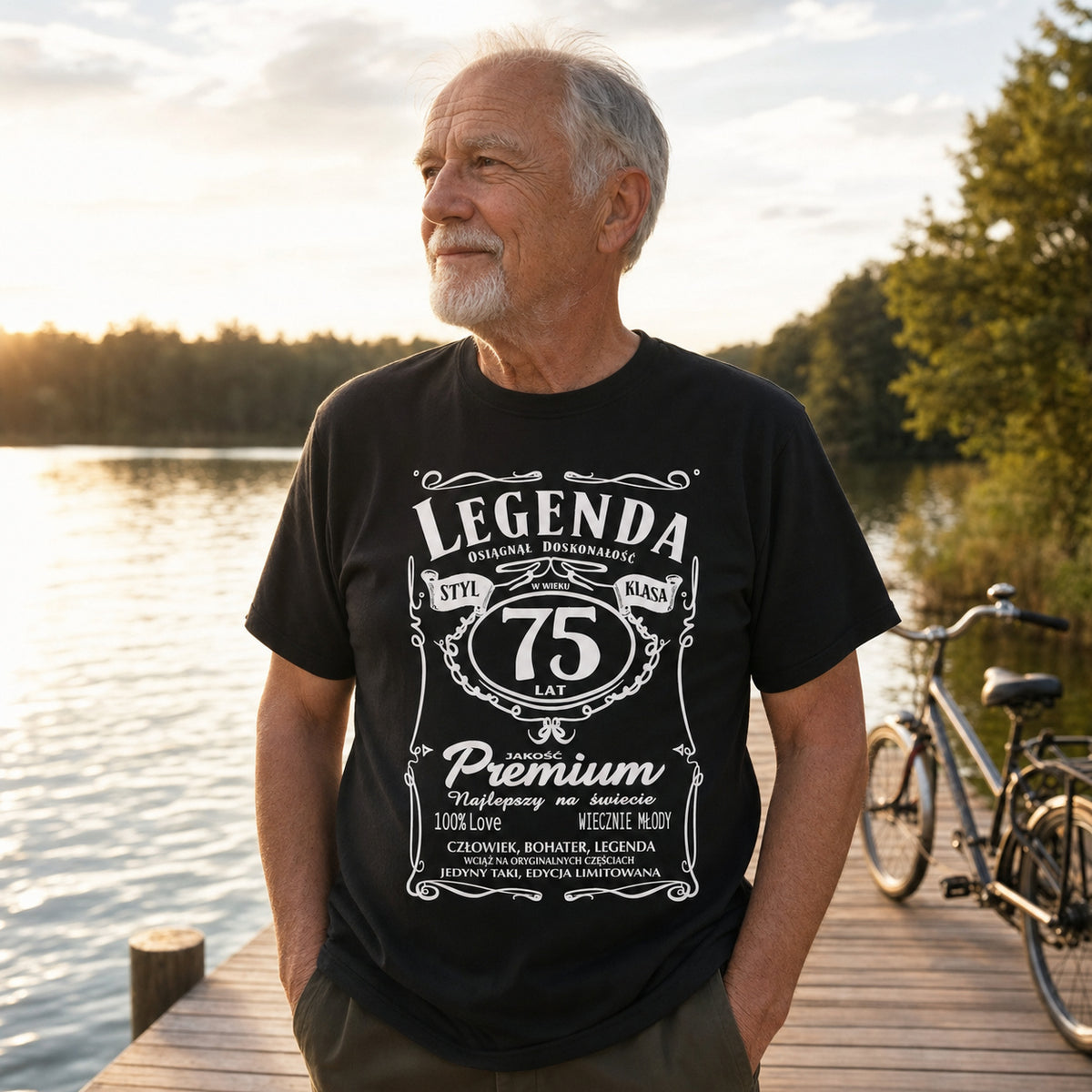 Koszulka Legenda 75 Lat Styl Klasa w kolorze czarnym - mężczyzna na pomoście nad jeziorem, prezent na 75 urodziny dla niego