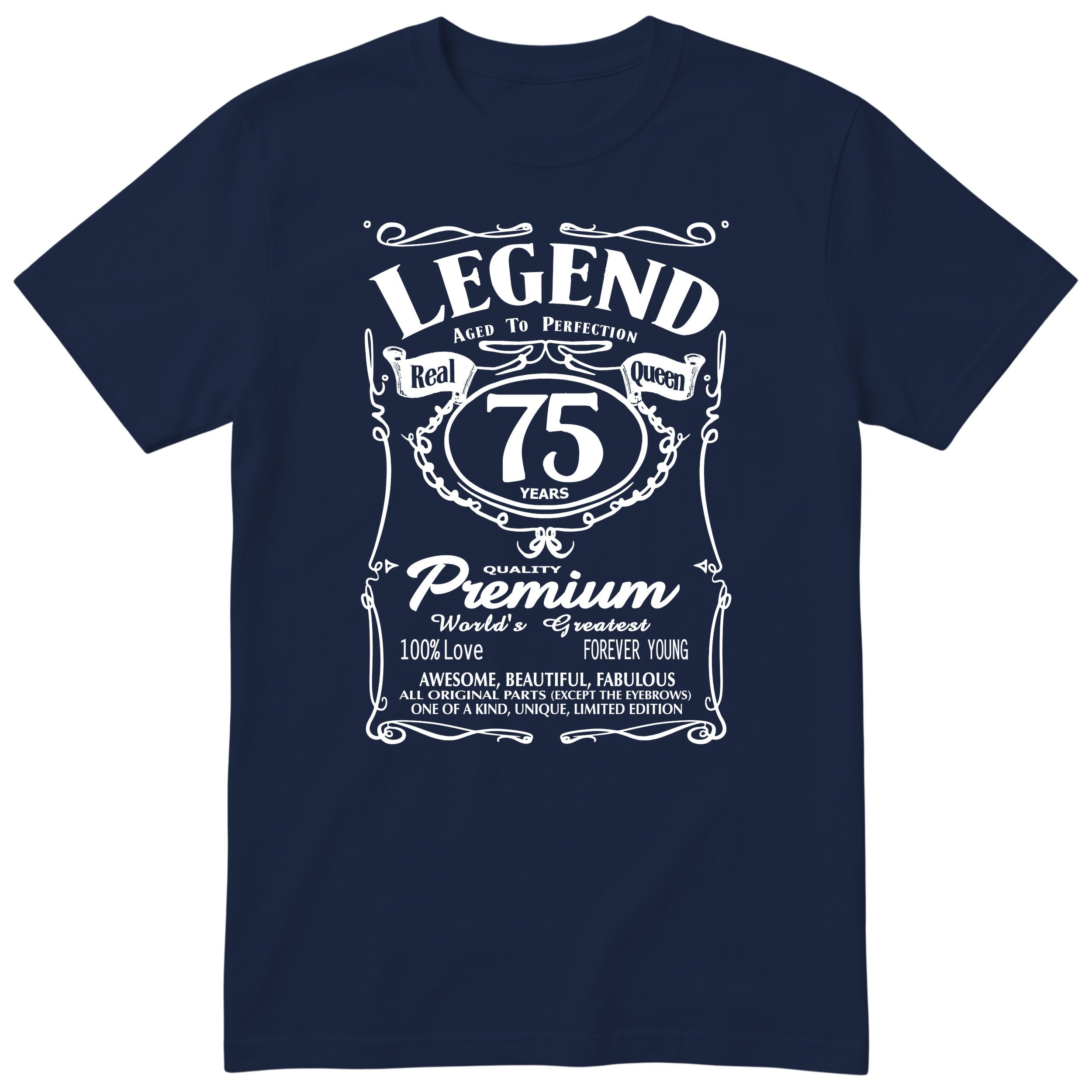 Legend Real Queen 75th birthday t-shirt for women in navy - Gildan 64000 vintage label