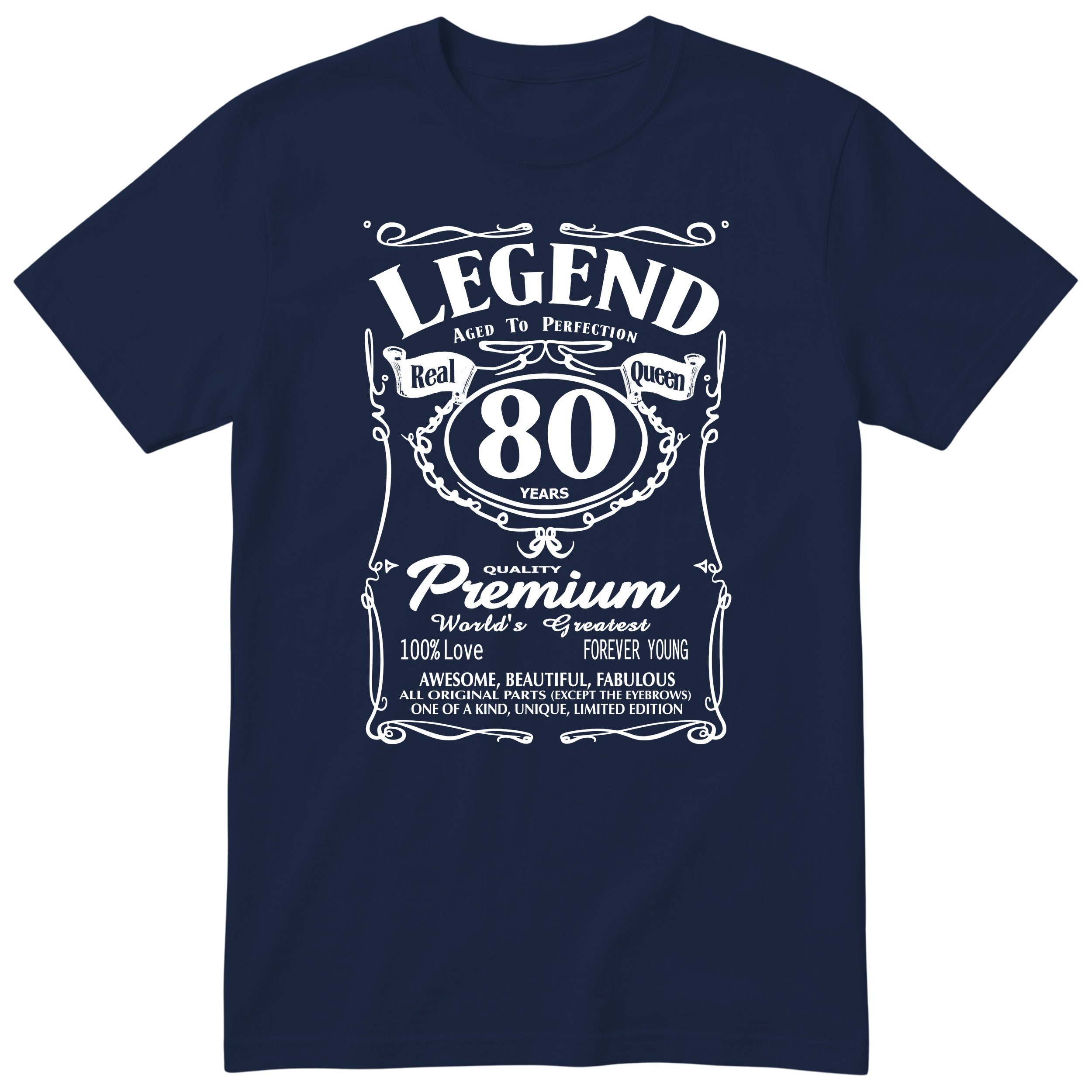 Legend Real Queen 80th birthday t-shirt for women in navy - Gildan 64000 vintage label