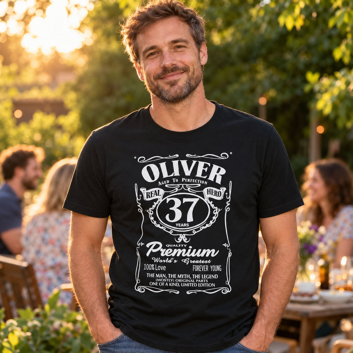 Personalised whisky label birthday t-shirt in black with name OLIVER and age 37 - garden party at sunset, personalised birthday gift for him