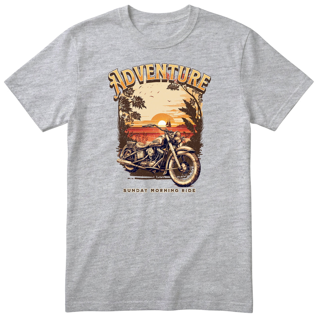 Heather Grey Adventure Sunday Morning Ride motorcycle t-shirt - vintage motorcycle by the sea at sunrise, palm trees and birds, gift for a biker
