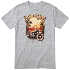Heather Grey Adventure Sunday Morning Ride motorcycle t-shirt - vintage motorcycle by the sea at sunrise, palm trees and birds, gift for a biker