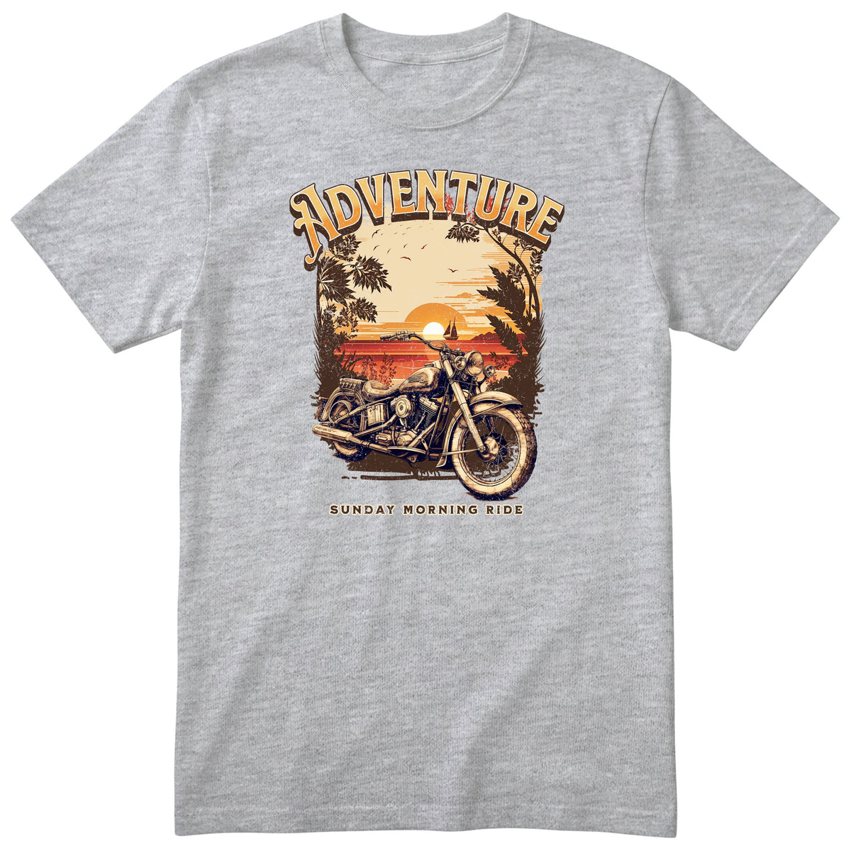 Heather Grey Adventure Sunday Morning Ride motorcycle t-shirt - vintage motorcycle by the sea at sunrise, palm trees and birds, gift for a biker