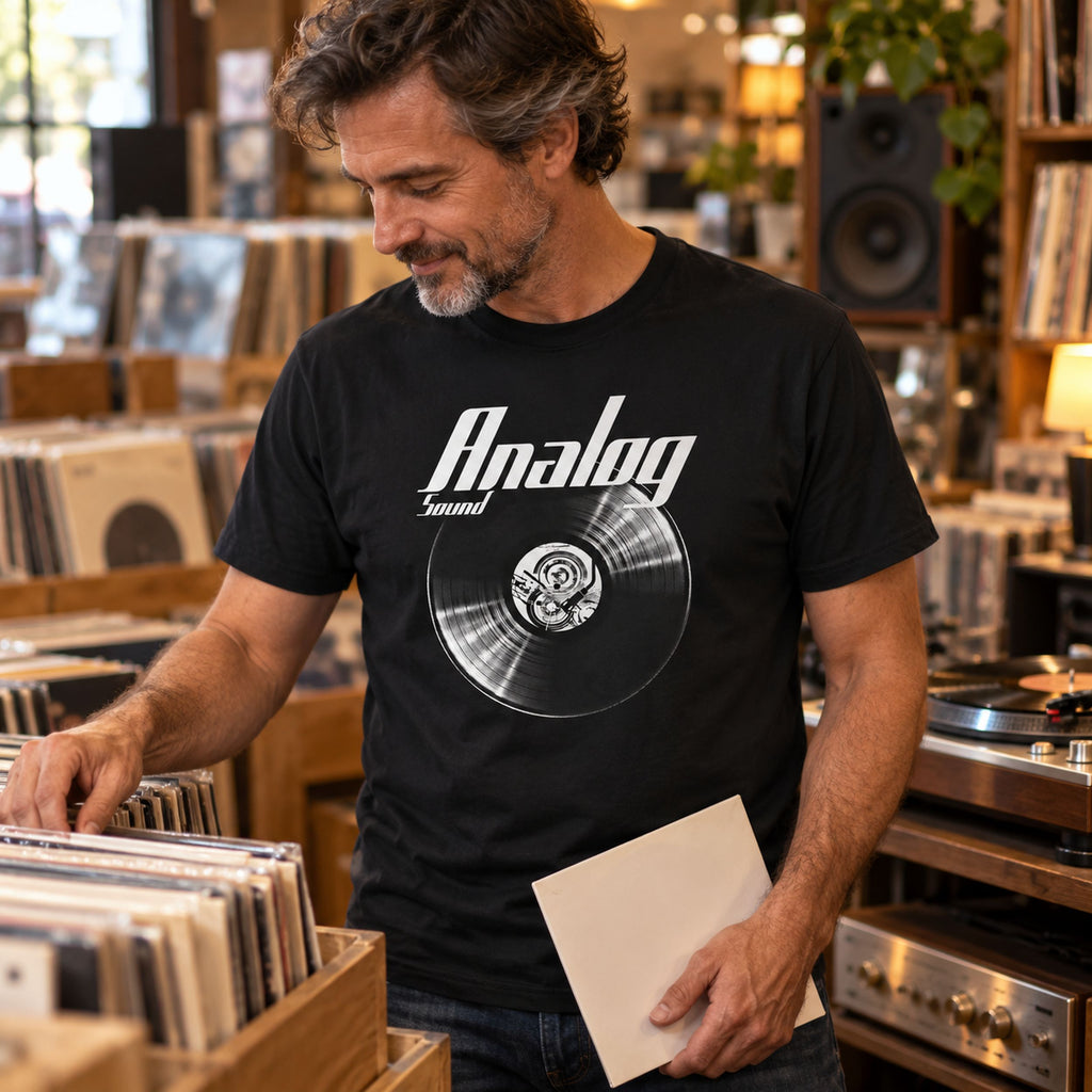 Analog Sound Vinyl Records t-shirt in black - man browsing records in a record shop with a sleeve in hand, gift for audiophiles and vinyl lovers