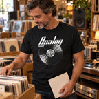 Analog Sound Vinyl Records t-shirt in black - man browsing records in a record shop with a sleeve in hand, gift for audiophiles and vinyl lovers