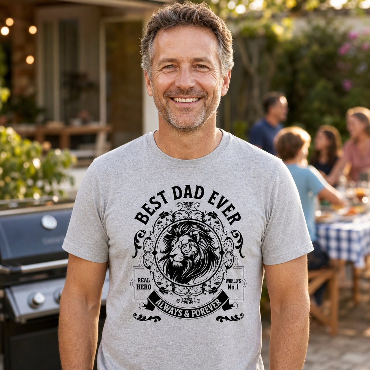 Best Dad Ever lion t-shirt in grey - dad at a family barbecue in the garden, gift for dad
