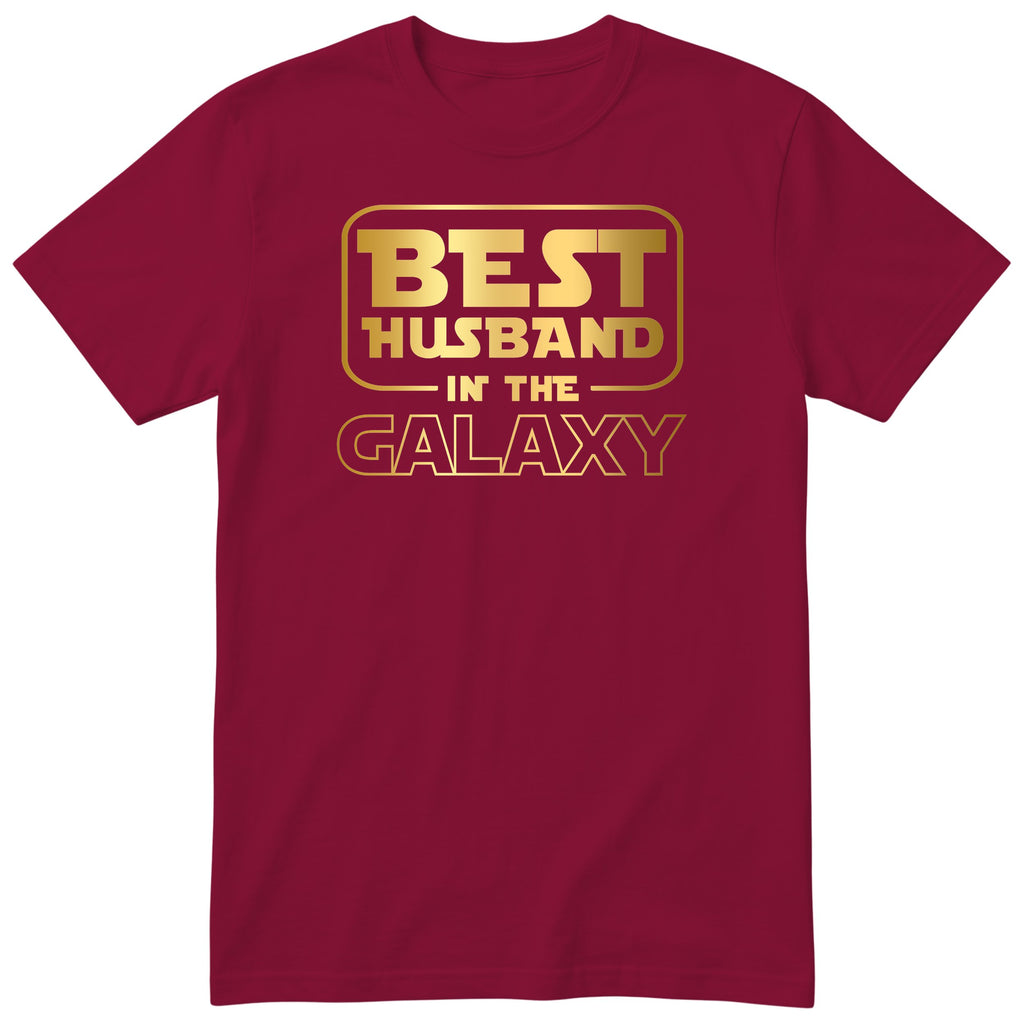 Burgundy Best Husband In The Galaxy t-shirt with gold space-age lettering - anniversary gift for husband from wife, English print