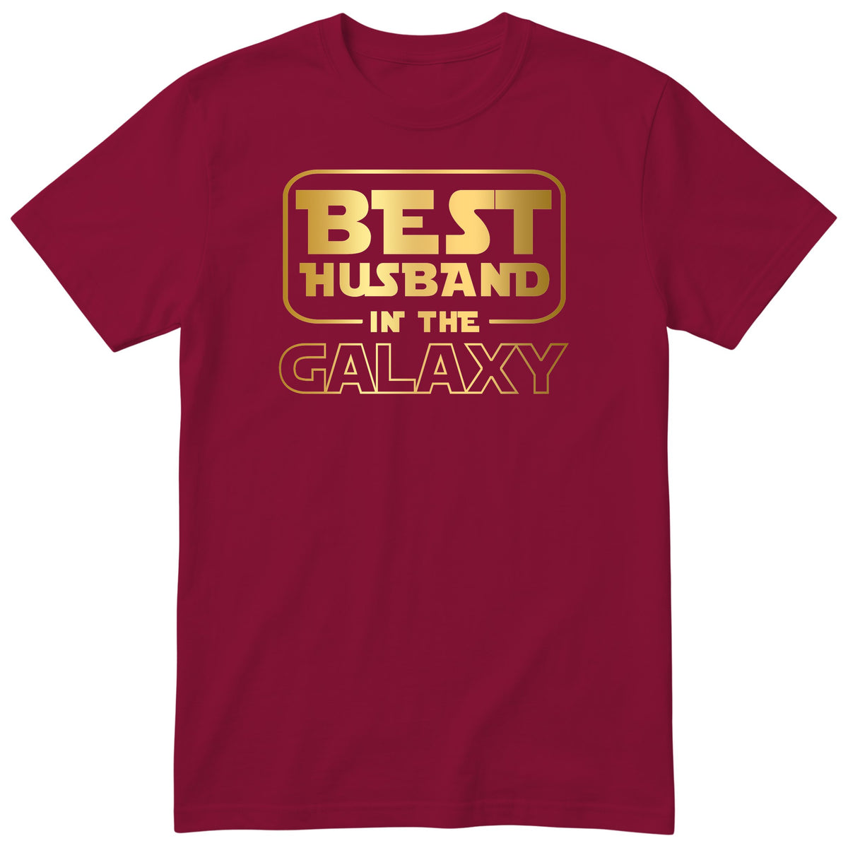 Burgundy Best Husband In The Galaxy t-shirt with gold space-age lettering - anniversary gift for husband from wife, English print