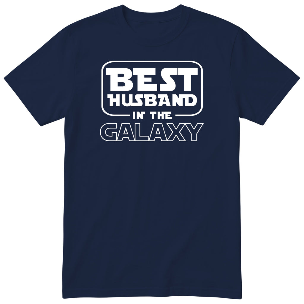 Navy Best Husband In The Galaxy t-shirt with bold space-age lettering - funny gift for husband from wife, English print