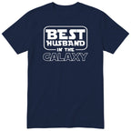 Navy Best Husband In The Galaxy t-shirt with bold space-age lettering - funny gift for husband from wife, English print