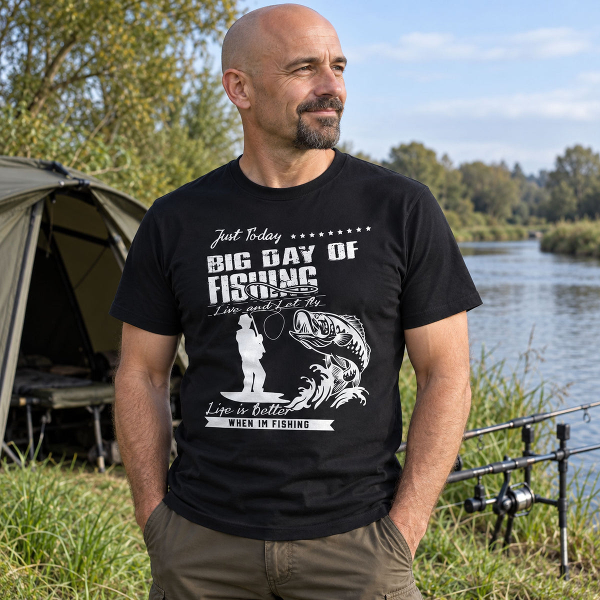 Big Day of Fishing t-shirt in black - man in a cap sitting by a tent, fishing gift for dad