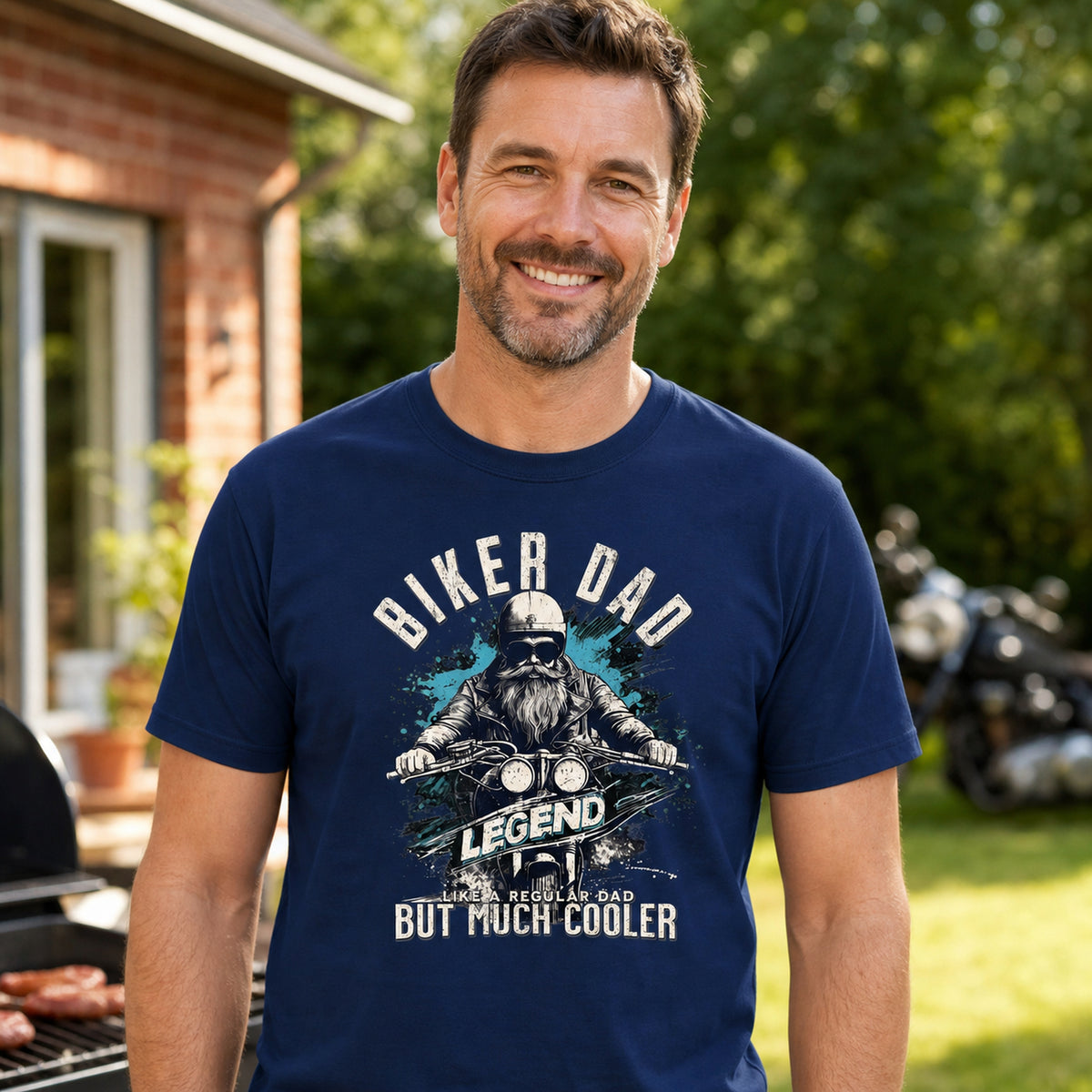 Biker Dad Legend t-shirt in navy - dad at a garden barbecue with motorcycles, gift for a biker dad