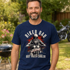 Biker Dad Legend t-shirt in navy - dad by a barbecue in the garden with a motorcycle, gift for a biker dad