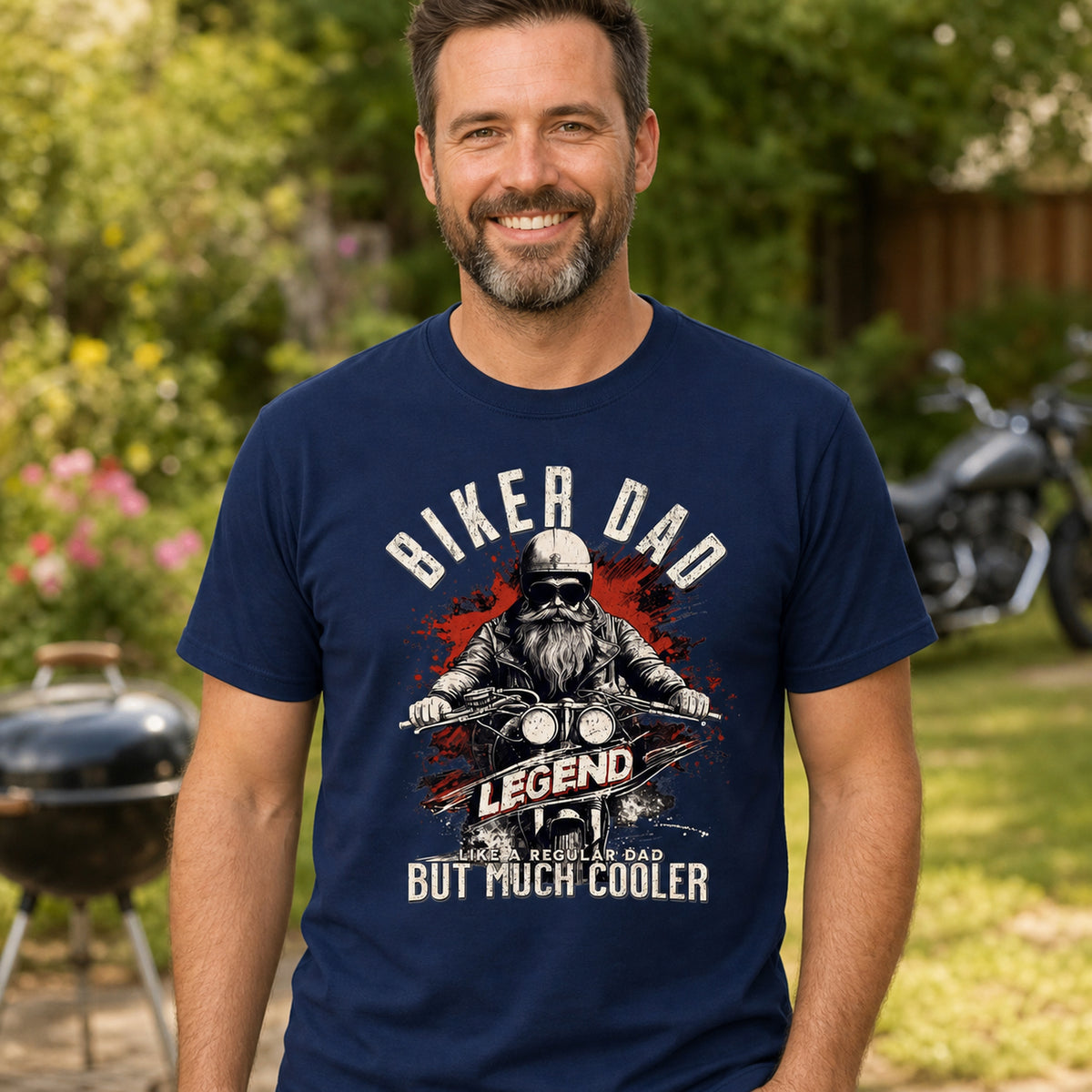 Biker Dad Legend t-shirt in navy - dad by a barbecue in the garden with a motorcycle, gift for a biker dad