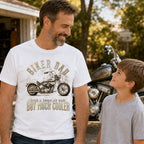Biker Dad Chopper t-shirt in white - dad and son next to a chopper outside the garage, gift for dad