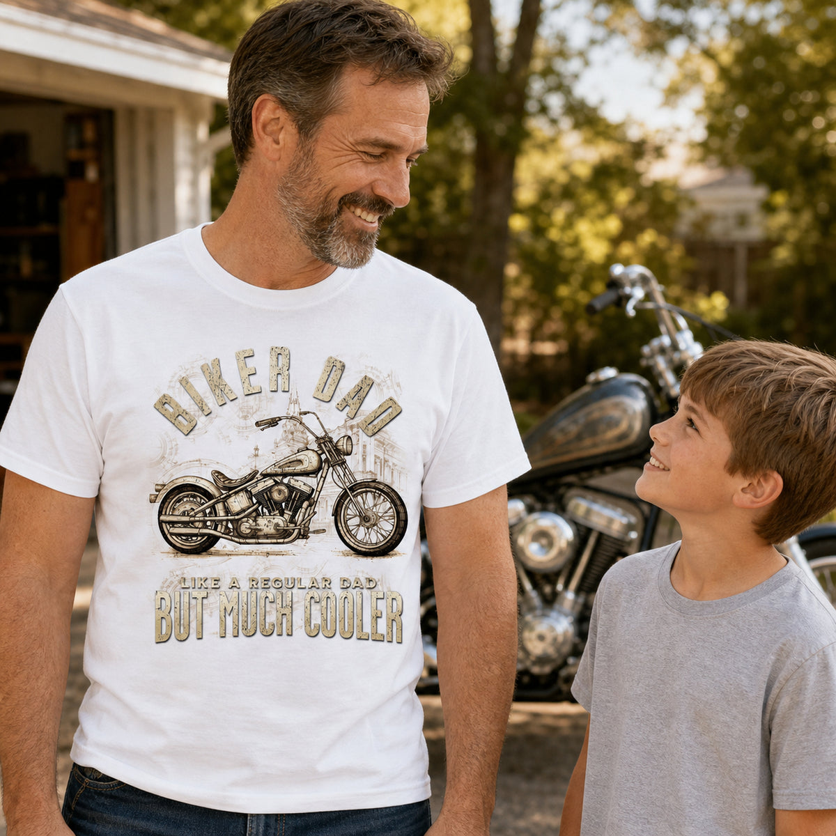 Biker Dad Chopper t-shirt in white - dad and son next to a chopper outside the garage, gift for dad