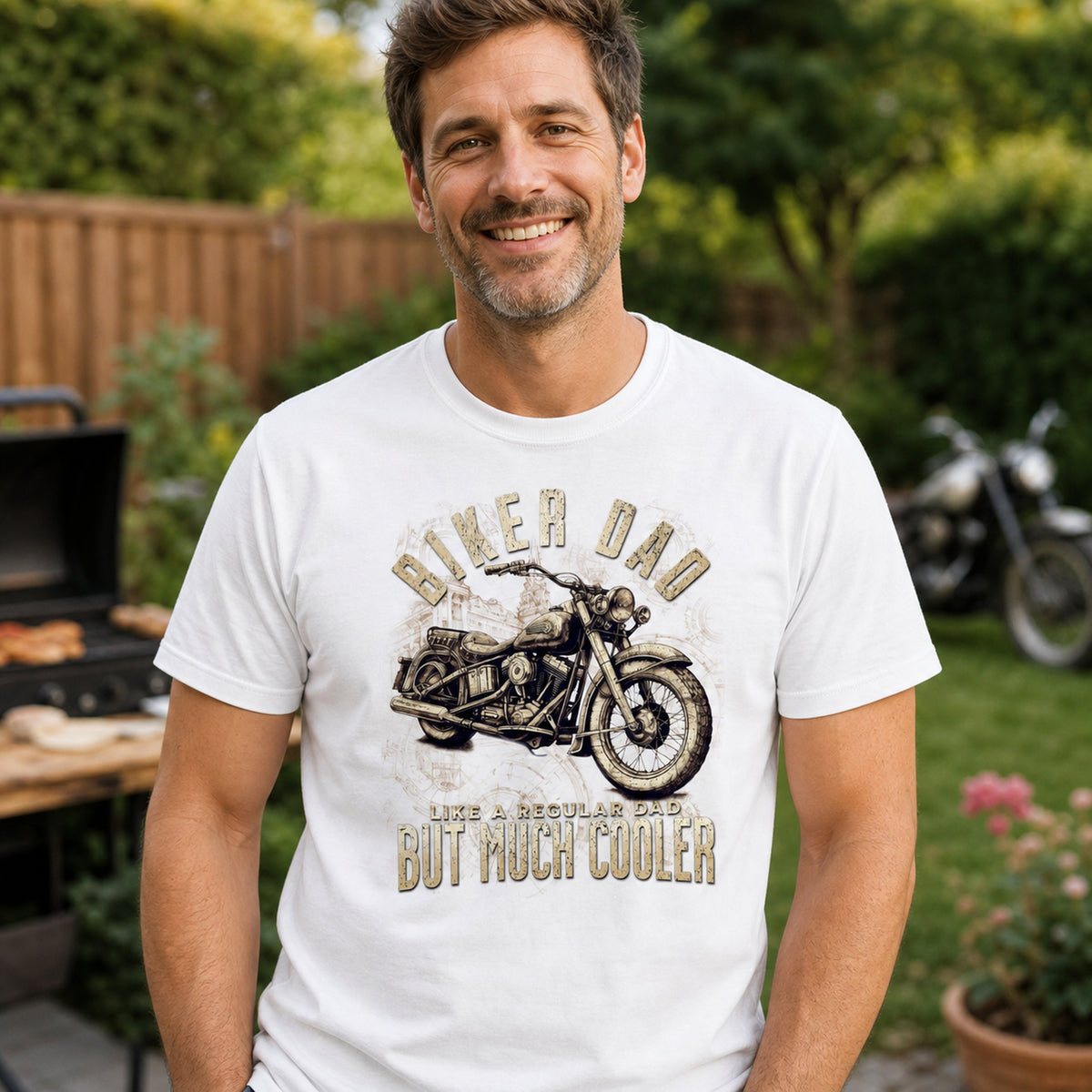 Biker Dad Vintage Bike t-shirt in white - dad in the garden with motorcycles behind, gift for dad