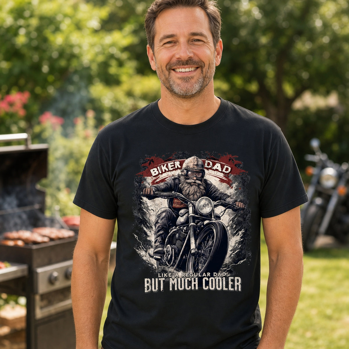 Biker Dad t-shirt in black - dad at a garden barbecue with a motorcycle, gift for dad