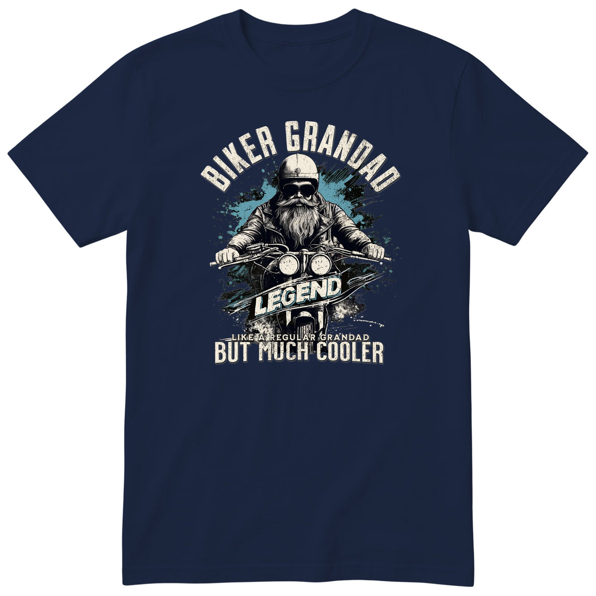 Navy Biker Grandad Legend T-Shirt t-shirt - bearded biker in a helmet and sunglasses on a motorcycle, the word LEGEND and a blue paint splash, gift for grandad