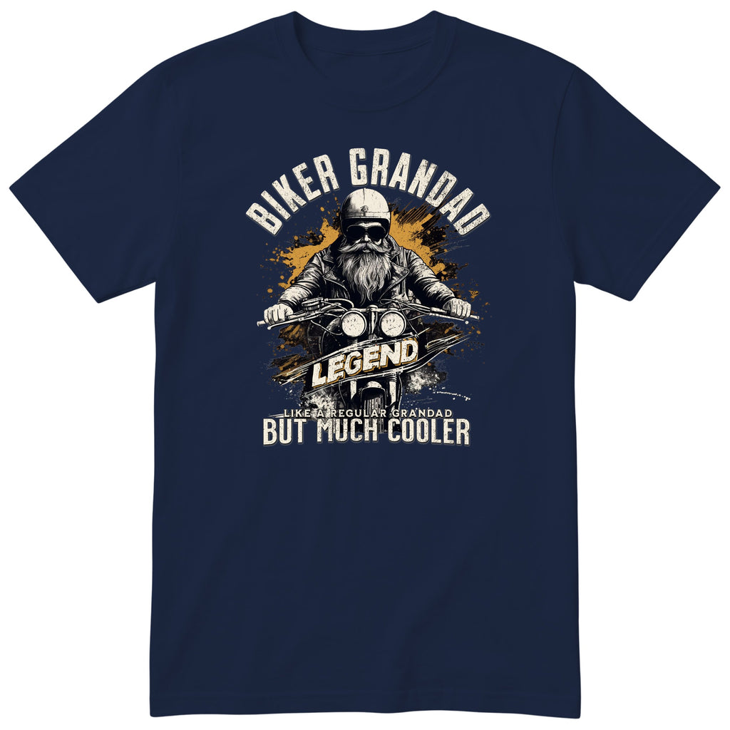 Navy Biker Grandad Legend Shirt t-shirt - bearded biker in a helmet and sunglasses on a motorcycle, the word LEGEND and a orange paint splash, gift for grandad