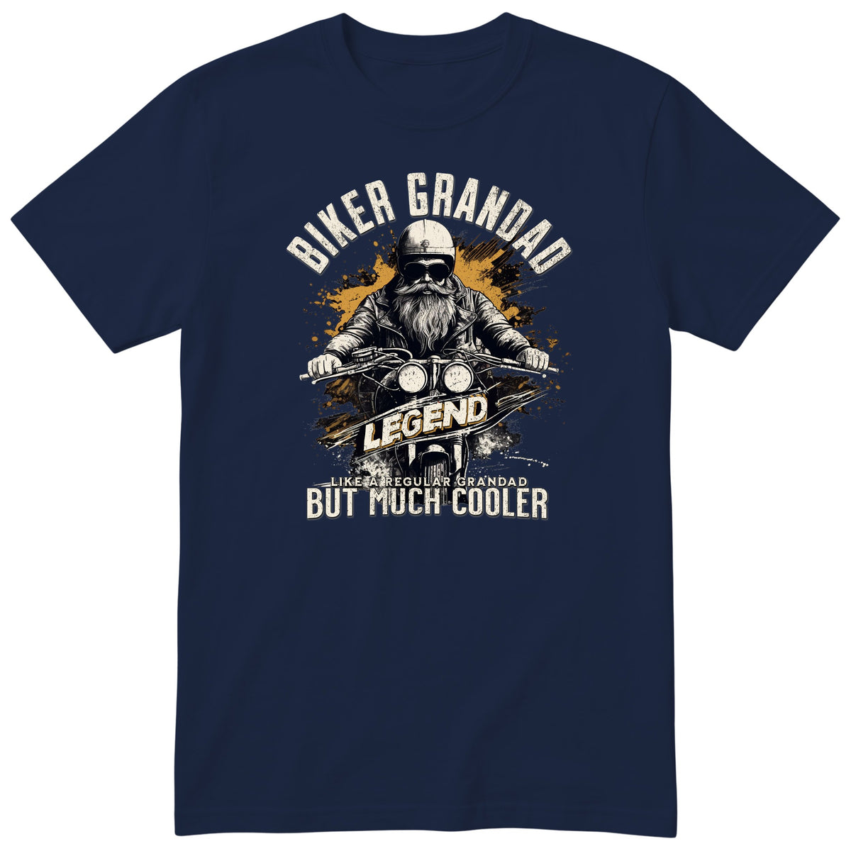 Navy Biker Grandad Legend Shirt t-shirt - bearded biker in a helmet and sunglasses on a motorcycle, the word LEGEND and a orange paint splash, gift for grandad