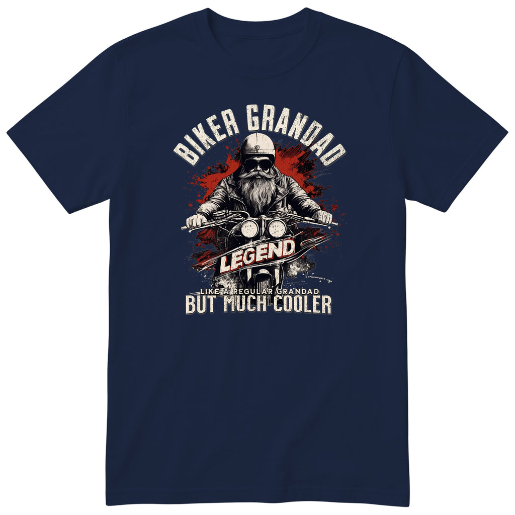 Navy Biker Grandad Legend t-shirt - bearded biker in a helmet and sunglasses on a motorcycle, the word LEGEND and a red paint splash, gift for grandad