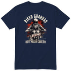 Navy Biker Grandad Legend t-shirt - bearded biker in a helmet and sunglasses on a motorcycle, the word LEGEND and a red paint splash, gift for grandad