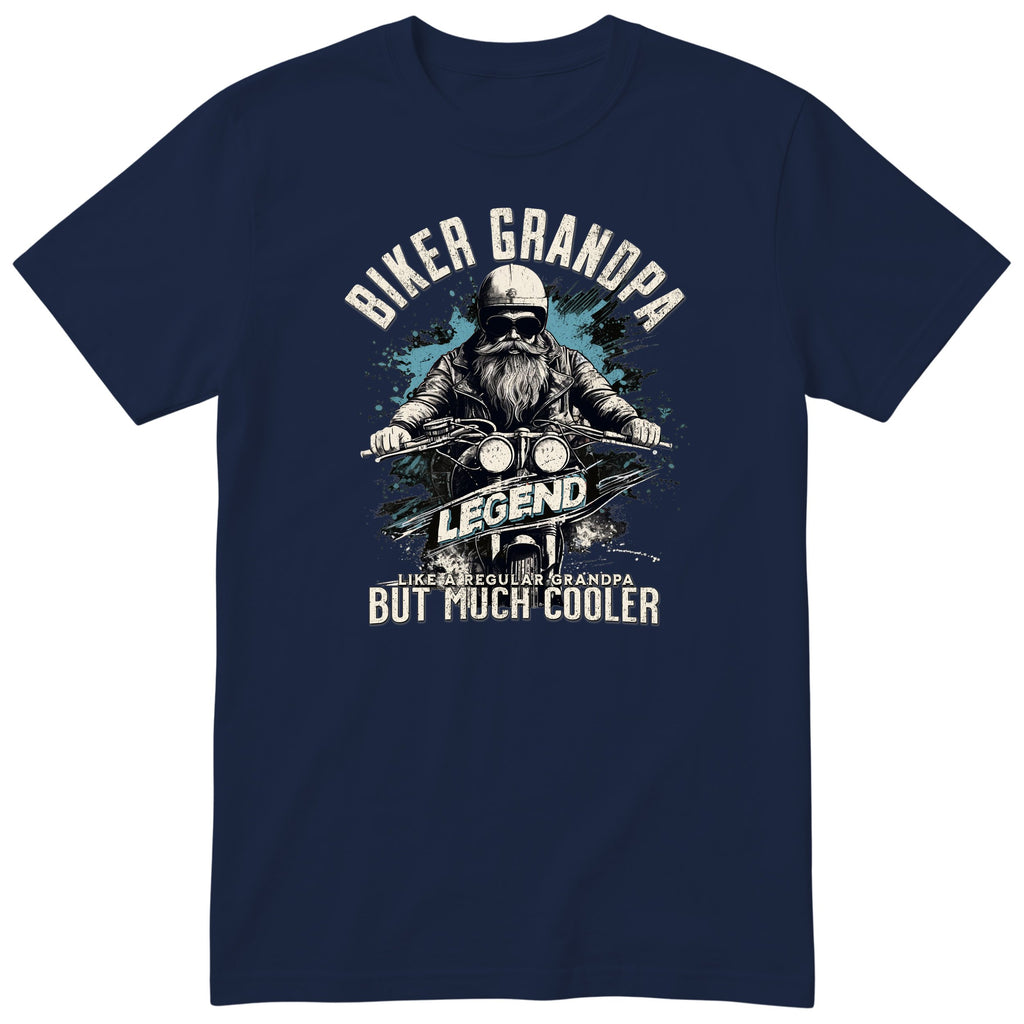 Navy Biker Grandpa Legend T-Shirt t-shirt - bearded biker in a helmet and sunglasses on a motorcycle, the word LEGEND and a blue paint splash, gift for grandpa