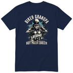Navy Biker Grandpa Legend T-Shirt t-shirt - bearded biker in a helmet and sunglasses on a motorcycle, the word LEGEND and a blue paint splash, gift for grandpa