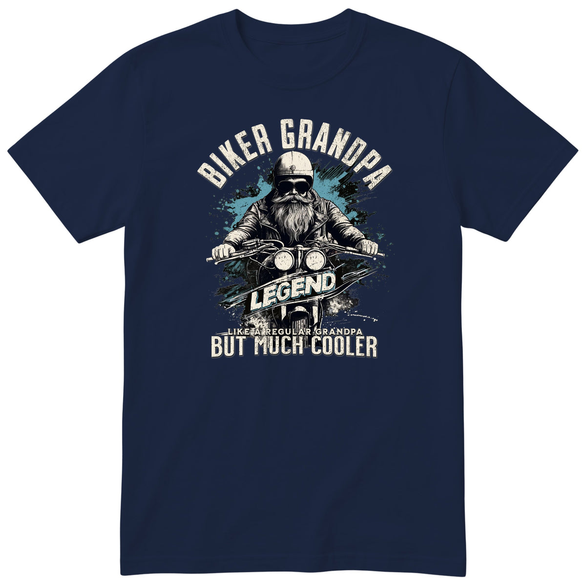 Navy Biker Grandpa Legend T-Shirt t-shirt - bearded biker in a helmet and sunglasses on a motorcycle, the word LEGEND and a blue paint splash, gift for grandpa