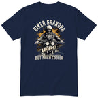 Navy Biker Grandpa Legend Shirt t-shirt - bearded biker in a helmet and sunglasses on a motorcycle, the word LEGEND and a orange paint splash, gift for grandpa