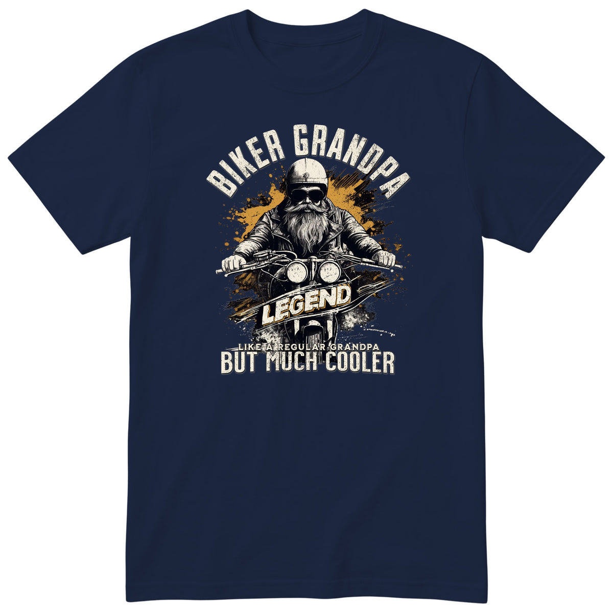 Navy Biker Grandpa Legend Shirt t-shirt - bearded biker in a helmet and sunglasses on a motorcycle, the word LEGEND and a orange paint splash, gift for grandpa