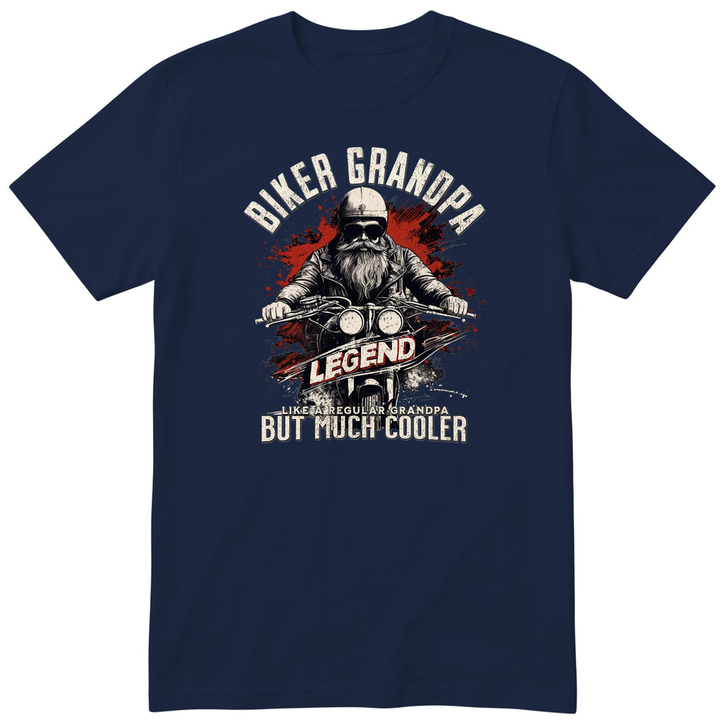 Navy Biker Grandpa Legend t-shirt - bearded biker in a helmet and sunglasses on a motorcycle, the word LEGEND and a red paint splash, gift for grandpa