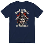 Navy Biker Grandpa Legend t-shirt - bearded biker in a helmet and sunglasses on a motorcycle, the word LEGEND and a red paint splash, gift for grandpa