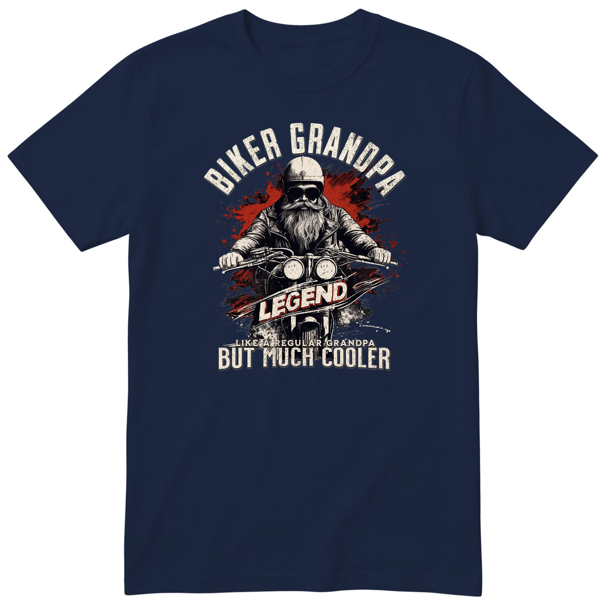 Navy Biker Grandpa Legend t-shirt - bearded biker in a helmet and sunglasses on a motorcycle, the word LEGEND and a red paint splash, gift for grandpa