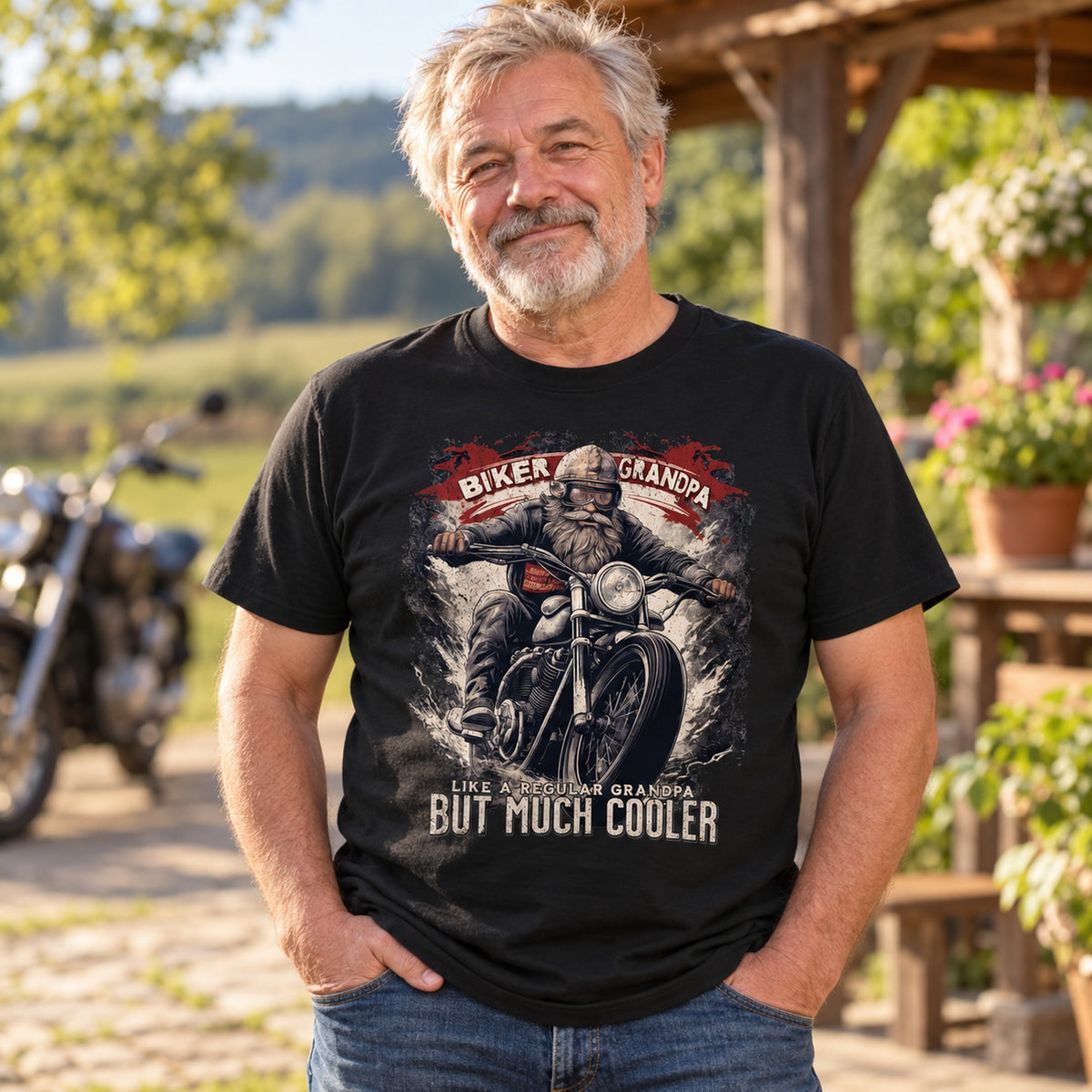 Biker Grandpa - Czarna Koszulka na Prezent dla Dziadka