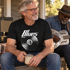 Blues Music Vinyl Records t-shirt in black - man with a mug of coffee next to an older musician playing a resonator guitar, gift for blues fans
